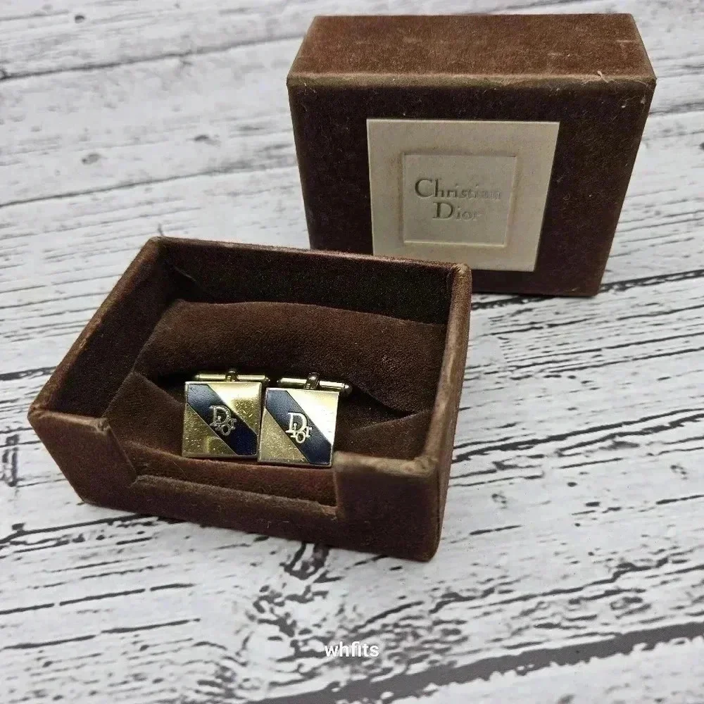 Christian Dior Gold and Navy Blue Logo Cufflinks Vintage with Box